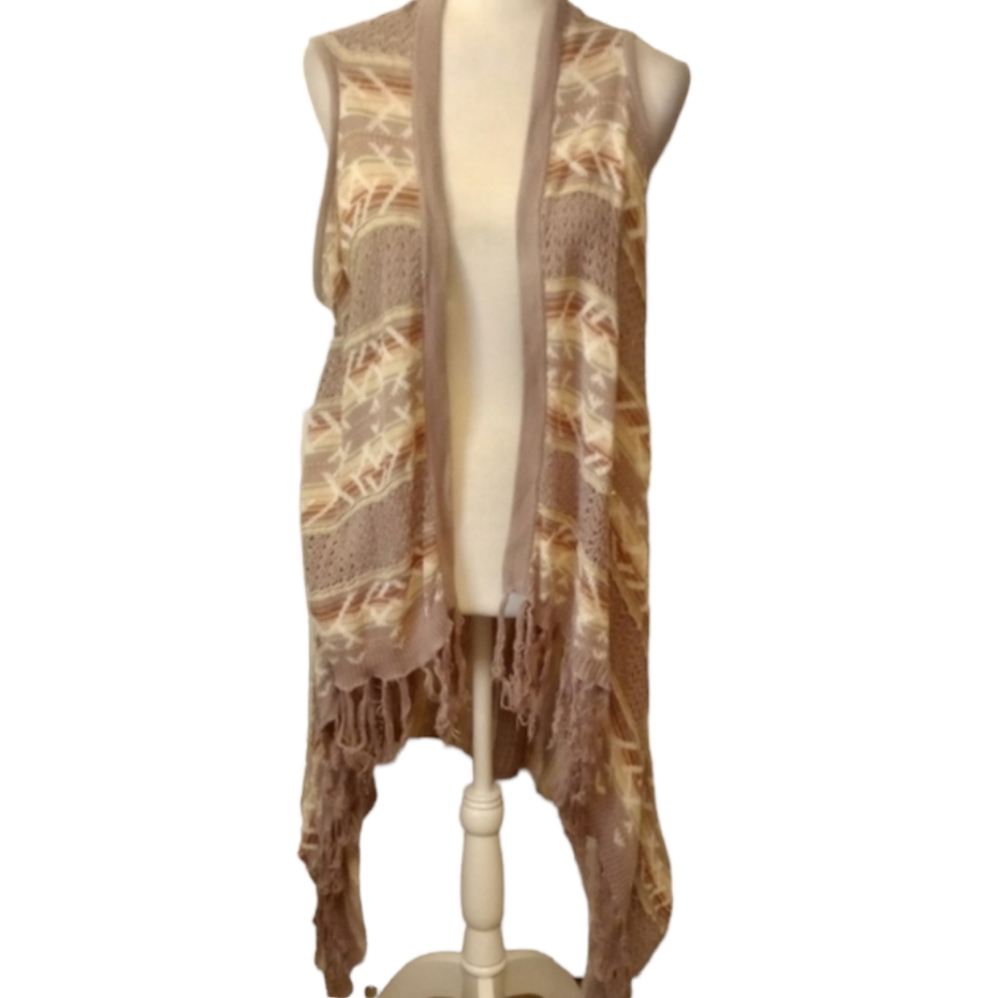 Say What? Tan and brown long cotton cardigan poncho. Size Large